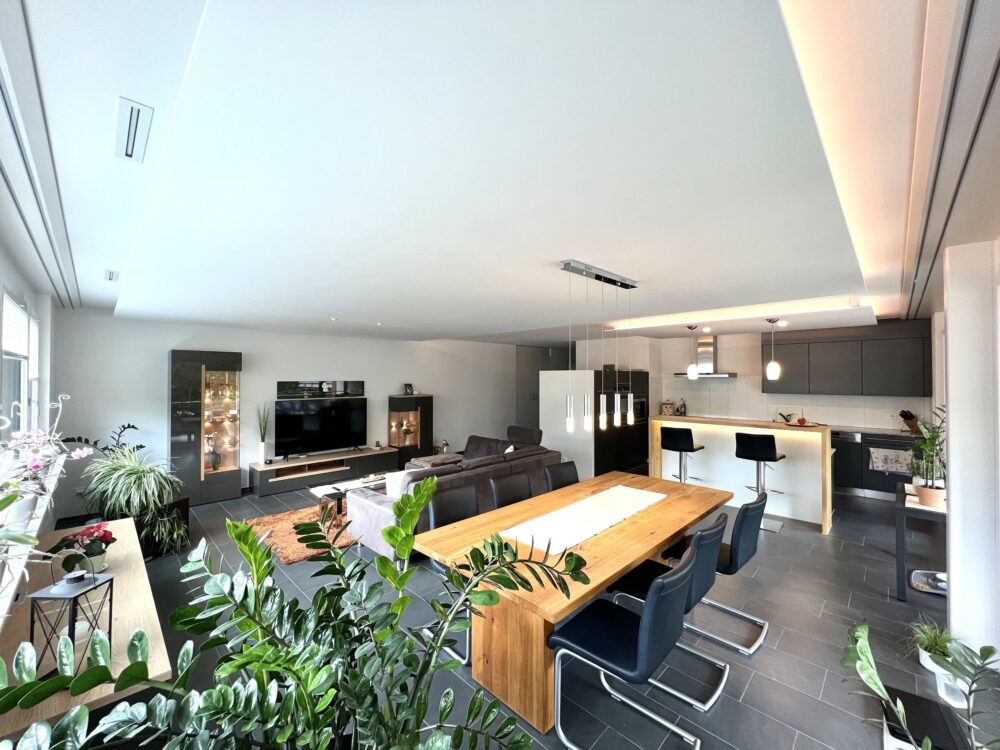 Bei diesem Wohnzimmer mit modern aussgestatter Küche lässt es sich einfach entspannt leben.